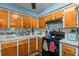 Efficient kitchen with wooden cabinets and black appliances, designed for practical use at 29133 Lawton Dr, Nobleton, FL 34661