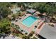 Aerial view of community pool, tennis court and shuffleboard surrounded by trees at 3241 Fox Chase N Cir # 106, Palm Harbor, FL 34683