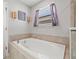Large bathtub with tile surround, window, and decorative wall hangings at 4194 Bexley Village Dr, Land O Lakes, FL 34638