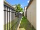 This side yard area features grass and a black metal fence dividing the neighboring properties at 4194 Bexley Village Dr, Land O Lakes, FL 34638