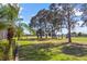 Lush backyard with mature trees, green grass, and view of the golf course at 6790 Burning Tree Dr, Seminole, FL 33777