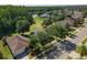 An aerial view showing the location with lush surroundings and pond at 5754 Sweet William Ter, Land O Lakes, FL 34639