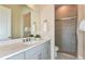 Bathroom features a light gray vanity with double sinks and a walk-in shower with glass doors at 11423 Shoreline Trl, Parrish, FL 34219