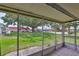 View from a screened lanai onto the green lawn and mature trees at 1802 Bedford Ter # 187, Sun City Center, FL 33573