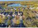 An aerial view of a neighborhood with a lake in the background and tree lined streets at 20121 Bending Creek Pl, Tampa, FL 33647