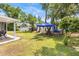 Spacious backyard offers ample space for outdoor activities and relaxation under a blue canopy at 7714 Bayleaf Dr, Hudson, FL 34667