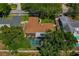 Aerial view of the property showcasing the roof, screened-in pool, and surrounding landscaping at 785 Hickory Ln, Palm Harbor, FL 34683