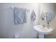 This bathroom features a pedestal sink with updated faucet and decorative towels at 10742 Verawood Dr, Riverview, FL 33579