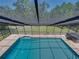 This aerial shot overlooks the pool and hot tub in an enclosed, screened-in area at 13004 Bell Creek Chase, Riverview, FL 33569