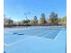 A pristine tennis court featuring a vibrant blue surface with clean white lines and a dark green net at 19610 Sunset Bay Dr, Land O Lakes, FL 34638