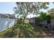 Scenic view of the backyard with mature trees, a fence, and a screened-in patio at 3039 Sean Way, Palm Harbor, FL 34684