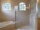 Shower and tub combination in luxurious bathroom with tile surround and bright natural light at 30434 Colehaven Ct, Wesley Chapel, FL 33543