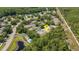 Aerial view of a neighborhood including a community pool, pin location is approximate at 4425 Connery Ct, Palm Harbor, FL 34685