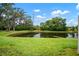 Picturesque pond with lush landscaping, green grass, and mature trees at 6831 Dartmouth Hill St, Riverview, FL 33578
