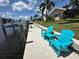 Two blue Adirondack chairs sitting on the home's private dock for canal viewing at 1137 Treasure Cay Ct, Punta Gorda, FL 33950
