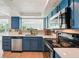 This kitchen features stainless steel appliances, white countertops, and painted blue cabinets at 12701 Cornell Ct, Hudson, FL 34667