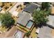 A birds eye view of a single-story home with a screened pool and mature trees in a residential area at 12815 Tallowood Dr, Riverview, FL 33579