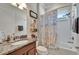 This bathroom features a granite vanity, a shower-tub combo, and a nautical-themed shower curtain at 13622 Tonya Anne Dr, Riverview, FL 33579