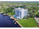 Beautiful aerial view of condo featuring a pool and dock overlooking the serene waterfront at 2780 N Riverside Dr # 802, Tampa, FL 33602