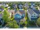 Expansive aerial view showcasing the property's location in a well-maintained neighborhood with mature trees at 6011 Caldera Ridge Dr, Lithia, FL 33547