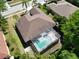 Aerial view highlighting a screened pool and serene backyard, complemented by lush greenery and mature trees at 1135 Wyndham Lakes Dr, Odessa, FL 33556