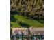 Aerial view of neighborhood backing to green space with mature trees and townhome rooftops at 11833 Castine St, New Port Richey, FL 34654