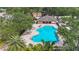 Community pool aerial with a clubhouse, lounge chairs, and tropical landscaping at 12322 Hawkeye Point Pl, Riverview, FL 33578