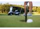A serene view of golf player and cart near the putting green on a lush golf course at 1528 Chevy Chase Dr, Sun City Center, FL 33573