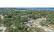 Aerial view of a neighborhood with lush trees, a pond, and a glimpse of the bay in the distance at 1601 Paloma Ln, Dunedin, FL 34698