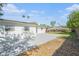 Backyard featuring a concrete patio, green lawn, and tropical palm trees in the distance at 1601 Paloma Ln, Dunedin, FL 34698