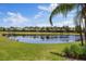 Tranquil lake view with lush green lawns and mature trees makes for a relaxing community at 16055 Golden Lakes Dr, Wimauma, FL 33598