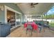 Covered patio featuring dining table and access to home and backyard at 1624 Maximilian Dr, Wesley Chapel, FL 33543