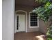 Front entrance featuring a white door, brick flooring, decorative tree, and a side window for natural light at 19116 Nature Palm Ln, Tampa, FL 33647