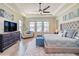 Luxurious main bedroom boasts water views, decorative ceiling, and comfortable seating area for relaxation at 28857 Picana Ln, Wesley Chapel, FL 33543
