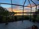 Breathtaking sunset view from a screened patio overlooking a tranquil lake, adorned with beautiful potted plants at 5728 Sunset Falls Dr, Apollo Beach, FL 33572