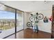 Bedroom featuring hardwood floors, a balcony with a view, and two bikes hung on the wall at 736 Island Way # 1101, Clearwater Beach, FL 33767