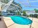Screened-in pool with a pool cleaner and lush landscaping offers a private backyard oasis at 11216 Longbrooke Dr, Riverview, FL 33579