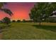 Expansive backyard featuring lush lawn, mature trees, and a colorful sunset backdrop at 1216 Lyndhurst Greens Dr, Sun City Center, FL 33573