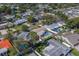 An aerial view of a residential area showing houses with pools, manicured lawns, mature trees, and a quiet street at 13057 89Th Ave, Seminole, FL 33776
