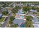 Aerial shot showing the layout of a residential neighborhood, with a focus on manicured lawns, pools, and mature trees at 13057 89Th Ave, Seminole, FL 33776