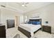 Elegant bedroom showcasing a king bed with blue pillows, dual nightstands, and a dresser with connecting bathroom door at 21506 Snowy Orchid Ter, Land O Lakes, FL 34637