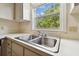 Close-up of a kitchen sink and window with a leafy view at 2231 Nichols Rd, Lithia, FL 33547