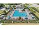 Aerial view of a large community pool featuring lounge chairs, umbrellas, and lush landscaping for relaxation and enjoyment at 23378 Papyrus Way, Lutz, FL 33549