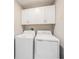 Bright laundry room featuring a white, front-loading washer and dryer with modern white cabinets for added storage at 23378 Papyrus Way, Lutz, FL 33549