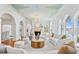 Bright living room with ornate ceiling details, fireplace, wood floors, and arched windows with water views at 321 Brightwaters Ne Blvd, St Petersburg, FL 33704