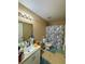 Standard bathroom with a single sink vanity, toilet, and shower with a floral shower curtain at 32111 Brookstone Dr, Wesley Chapel, FL 33545