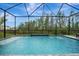Screened pool with water features, patio, black metal fence, and picturesque views at 32324 Rosewood Meadow Ln, Wesley Chapel, FL 33543