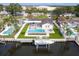 Stunning aerial view of a home with a pool, boat dock, and beautifully landscaped yard at 8706 Driftwood Dr, Tampa, FL 33615