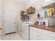 Functional laundry room featuring washer, dryer, storage shelves, and a countertop at 7519 Berna Ln, Land O Lakes, FL 34637