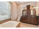 Bathroom with a large soaking tub and dual vanities featuring dark wood cabinets and granite countertops at 18533 Avocet Dr, Lutz, FL 33558